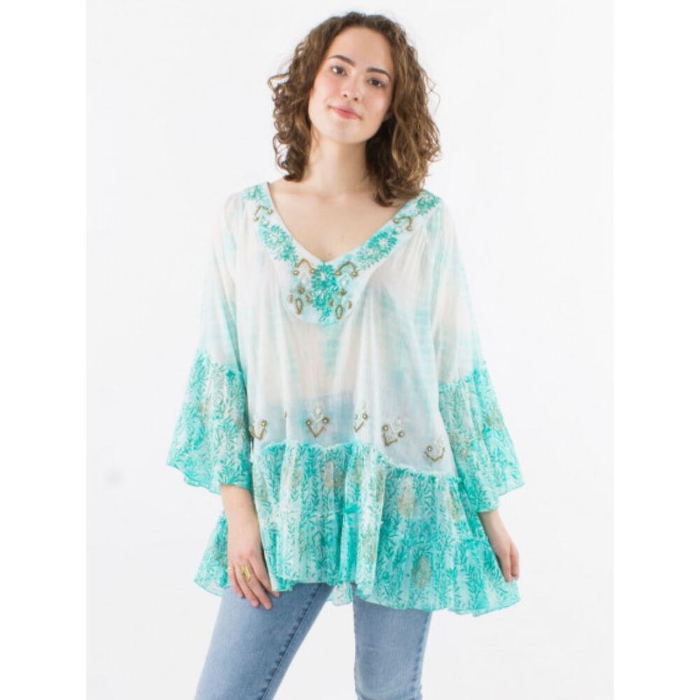 Bohemian casual Embellished turquoise Tunic 100% cotton, with tassel size large